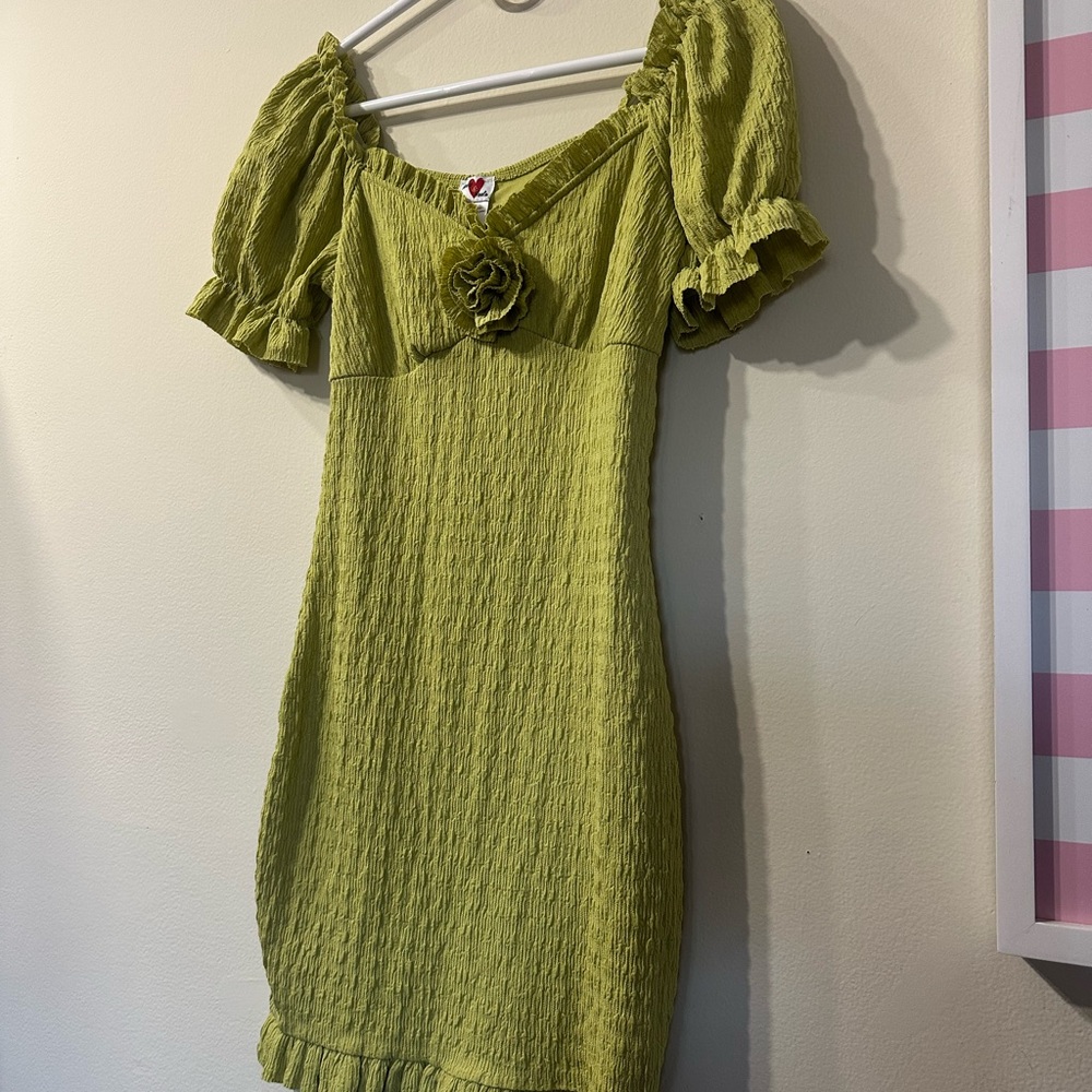 Heart & Heels Olive Green Puff-Sleeve Mini Dress with Rose Detail